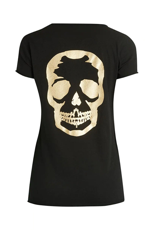 쟈딕 앤 볼테르 Tunisien 블랙 메탈릭 스컬 프린트 반팔 헨리 티셔츠