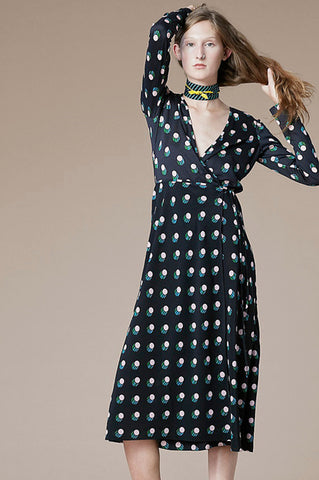 DVF 다이앤 본 퍼스텐버그 도트 프린트 실크 저지 미디 랩 원피스