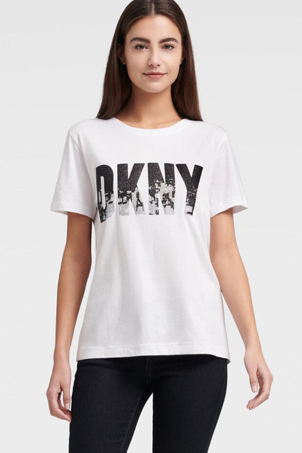 DKNY 화이트 글리터 시티 스카이 라인 로고 프린트 반팔 티셔츠 탑